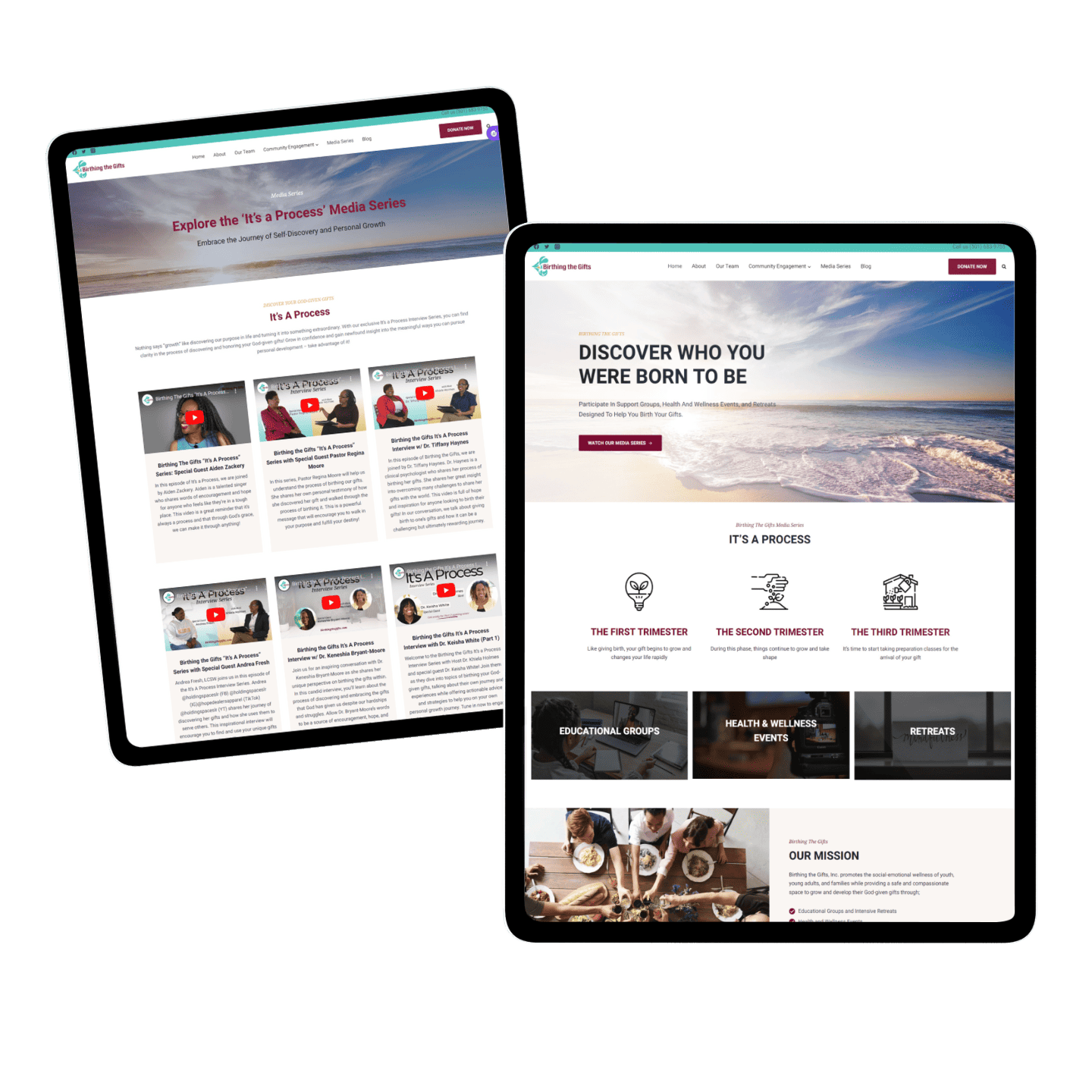 Birthing the Gifts case study features website screenshots showing brand design and online presence