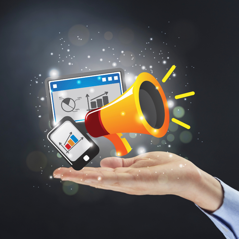 Marketing automation visualized with a megaphone, mobile device, and analytics dashboard floating above a hand, symbolizing digital growth and outreach