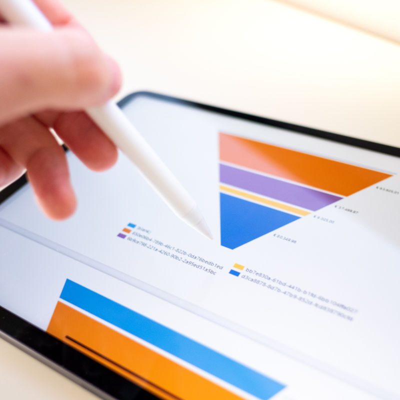 Sales funnels displayed on a tablet screen with a stylus pointing to a colorful funnel chart and performance metrics.