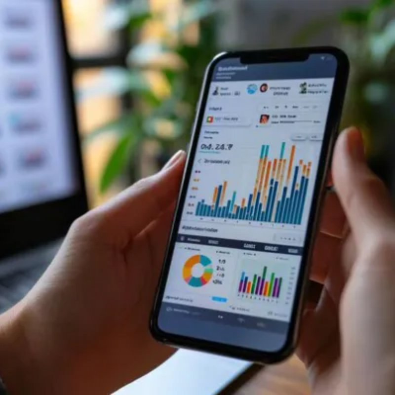 Hands holding a smartphone displaying campaign analytics dashboards with bar graphs and pie charts, showing MBM360’s real-time performance tracking.