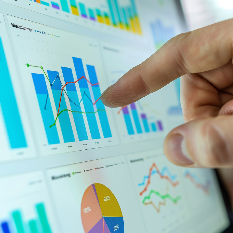 Performance tracking shown by a hand pointing to interactive bar and line graphs with funnel and pie chart analytics on a digital screen.