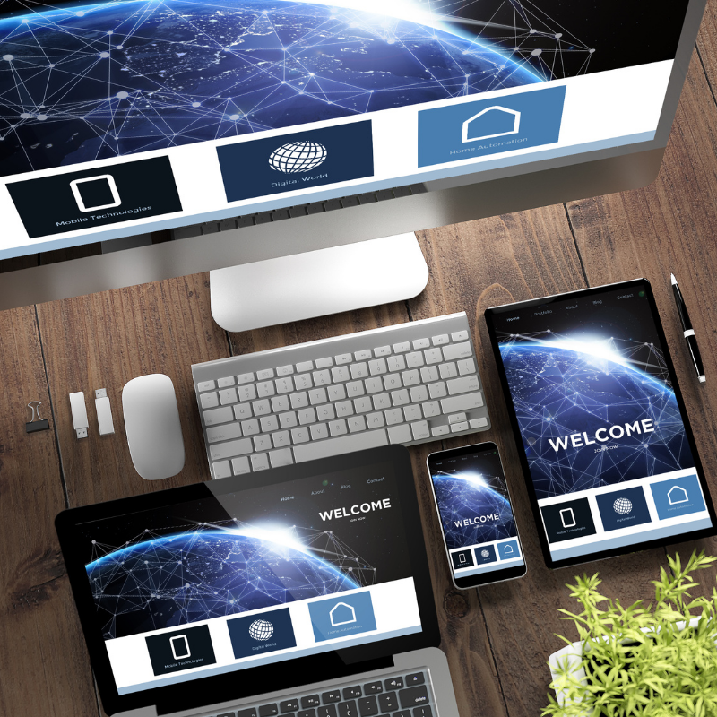 Landing pages displayed on multiple devices including desktop, tablet, and smartphone with a digital welcome screen and global network visuals.
