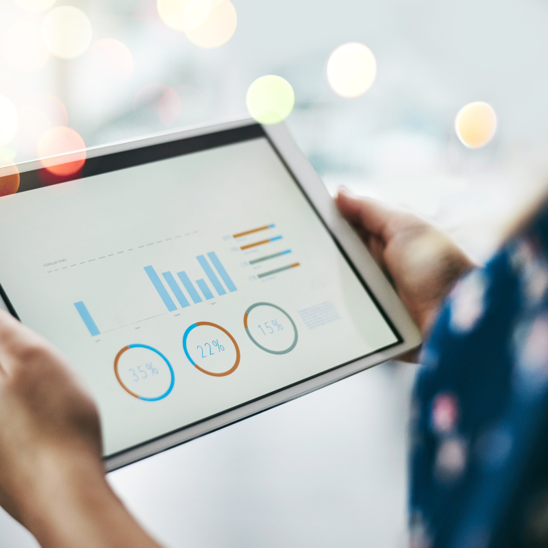 Social planner analytics tracking performance metrics on a tablet.