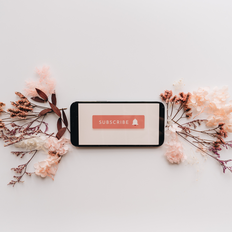 A smartphone displaying a red “Subscribe” button surrounded by soft pink flowers, symbolizing an inviting email campaign subscriber experience.
